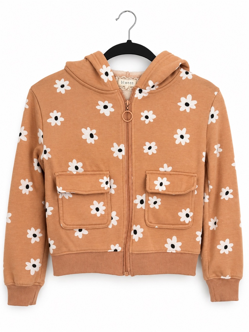 Btween Tan Floral Zip Hoodie with Daisy Print Jacket Utility Pocket Girls 10